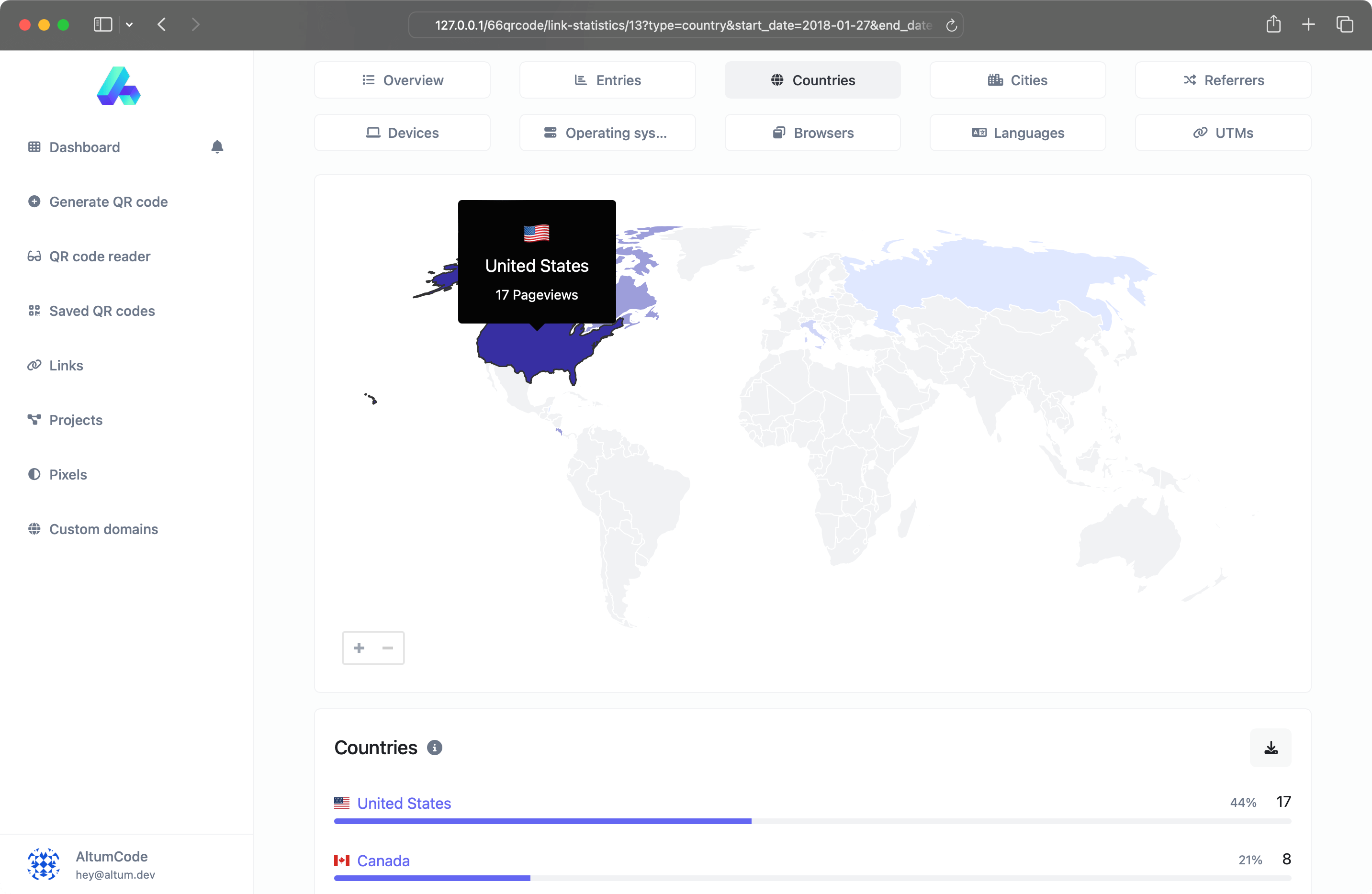 QR kod analizləri səhifəsinin ekran görüntüsü